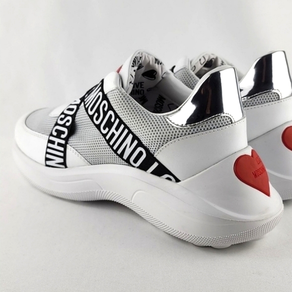 LOVE MOSCHINO Logo Women's White Chunky Slip On Sneakers Leather Logo Band Sz 38 - Picture 7 of 16